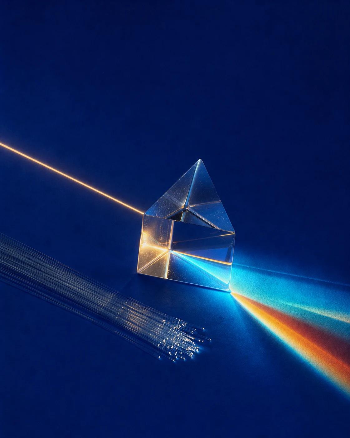 A glass prism splitting a narrow beam of light across optical fibers